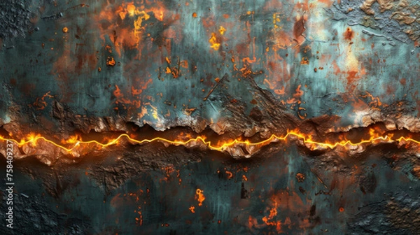 Obraz metal texture background that is torn in half with glowing fire edge