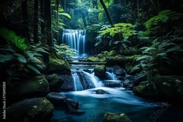 Fototapeta Breathtaking waterfall in lush green jungle with moss-covered rocks and ancient trees. Perfect for travel websites, nature blogs, or as a tranquil backdrop for videos and presentations.