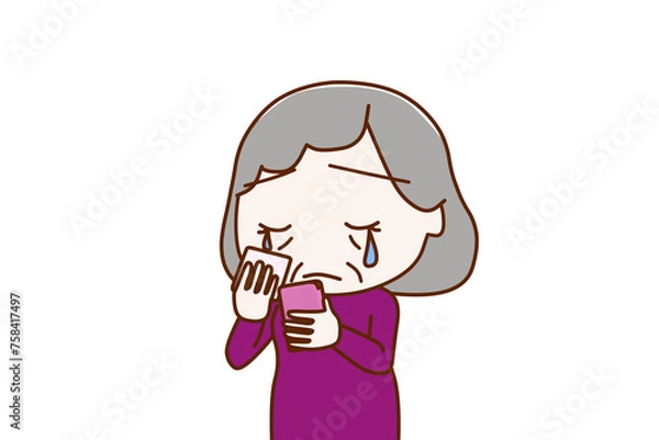 Fototapeta （上半身斜め）スマホを持って画面を見ながら悲しくて涙を流す高齢の女性