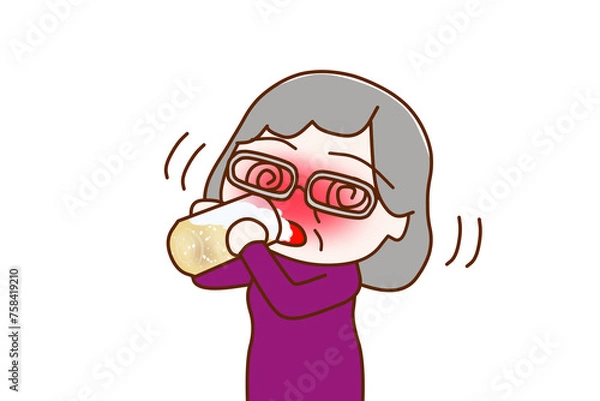 Obraz （上半身斜め）酔っ払ってグラグラしながらビールをグビグビ飲んで目が回る高齢の女性