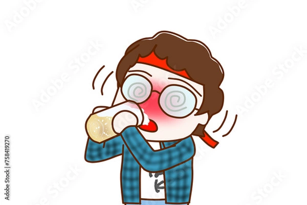 Obraz （上半身斜め）酔っ払ってグラグラしながらビールをグビグビ飲んで目が回るメガネをかけたオタク