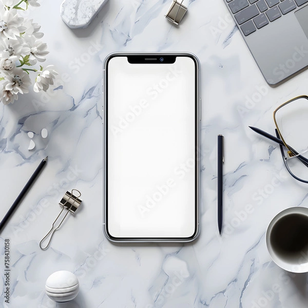 Fototapeta Mock-Up Smartphone on Marble Desk with Desk Accessories generative ai