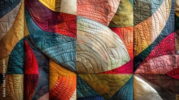Fototapeta Vibrant patchwork quilt with a geometric pattern, featuring a rich palette of red, blue, orange, and yellow hues.