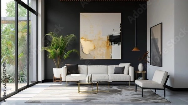 Fototapeta A minimalist black and gold home interior with a watercolor effect, using soft colors and brushstrokes