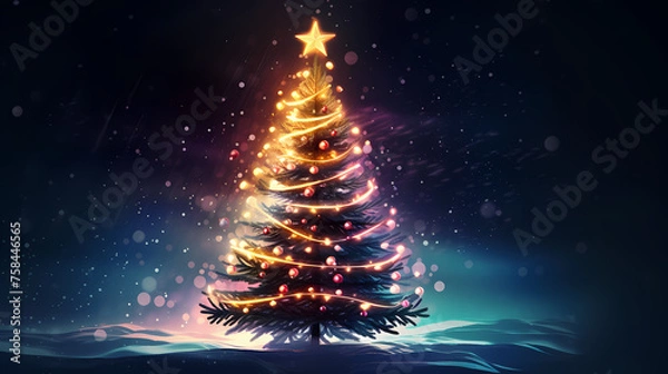 Fototapeta Beautiful Christmas tree, abstract bokeh background