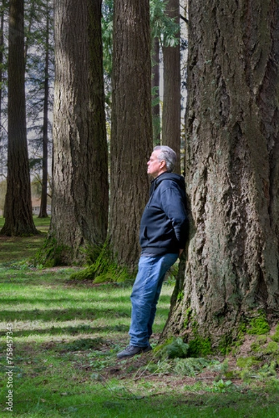 Fototapeta Man in the forest relaxing in nature.