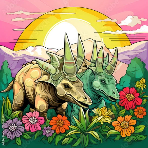 Obraz Two dinosaurs, kids coloring book, generative ai