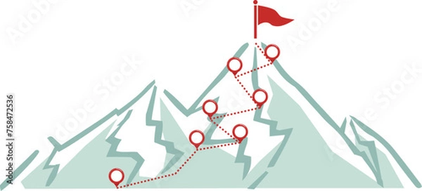 Obraz 山、山頂に赤い旗のある登山ルートとポイント地点にアイコンを配置したベクターイラスト
