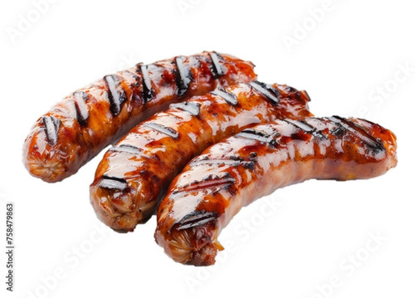 Fototapeta Three Nuremberg grilled sausages from the charcoal grill isolated on transparent background 