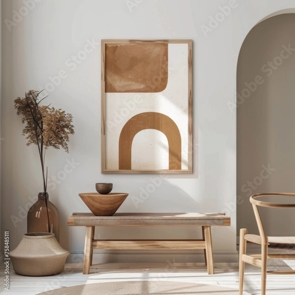 Obraz Abstract Art Display: Vibrant Painting on Bench in Living Room, high-resolution (300 dpi)