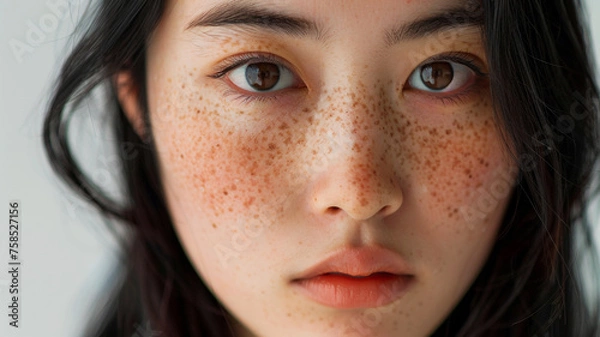 Fototapeta A close-up image of an Asian woman with many freckles