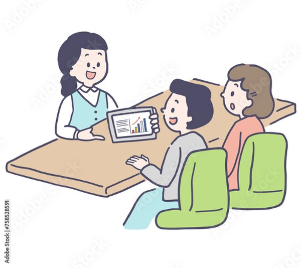 Obraz 若い夫婦に説明をする女性