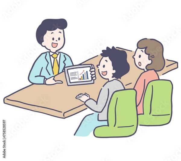 Fototapeta 若い夫婦に説明をするビジネスマン