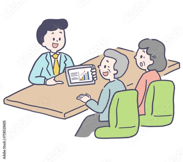 Obraz シニア夫婦に説明をするビジネスマン