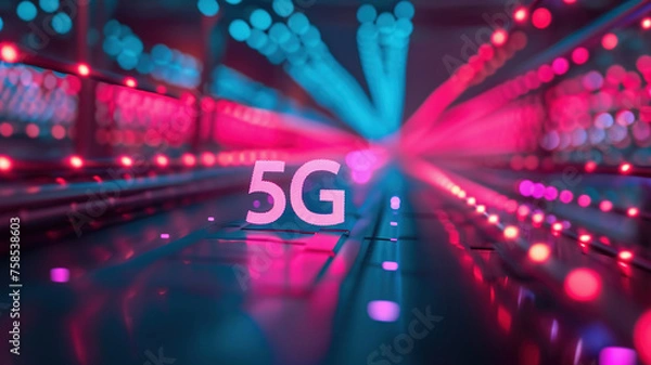 Fototapeta Glowing 5G Sign on Futuristic Network Background