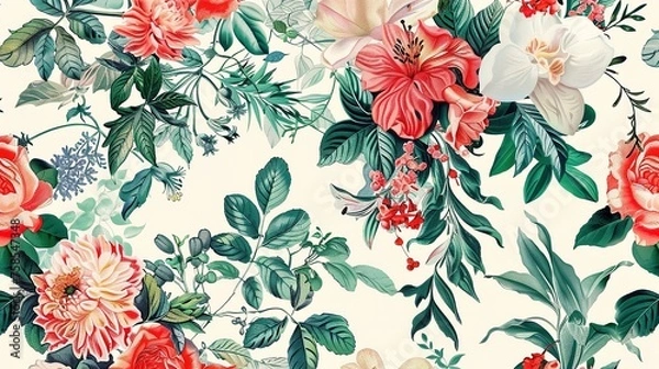 Fototapeta Beautiful botanical floral illustration allover repeat design for digital printing ,Generative ai,