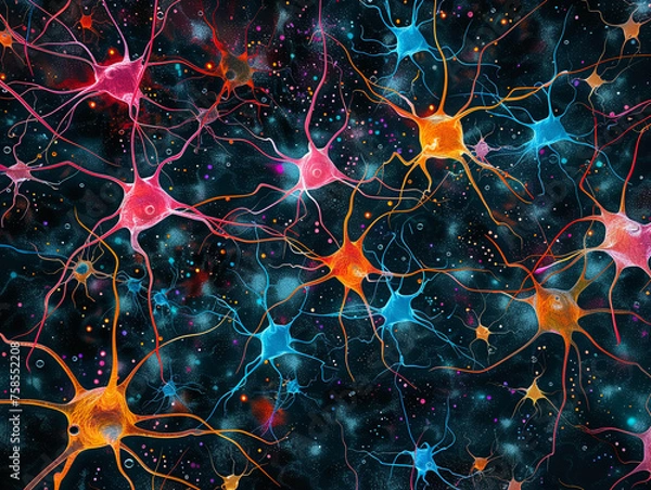 Obraz An intricate network of colorful neurons against a black background