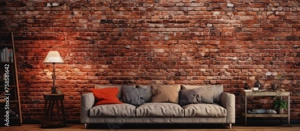 Fototapeta A cozy living room with a brown brick wall, showcasing the beautiful brickwork. The room features a comfortable couch and wood flooring, creating a warm and inviting atmosphere