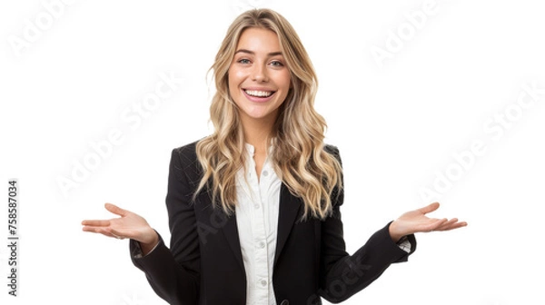 Obraz Smiling businesswoman with arms open wide in an unsure gesture, isolated on white