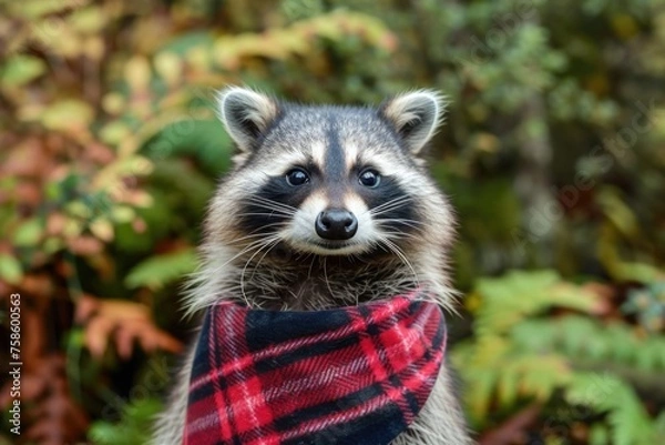 Obraz Raccoon wearing red and black plaid bandana