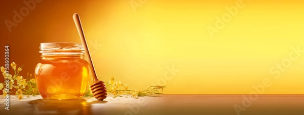 Fototapeta Photo of a jar of honey with a honey spoon, isolated on a yellow background