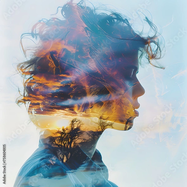 Fototapeta Double Exposure Portrait of a Woman with Nature Background generative ai