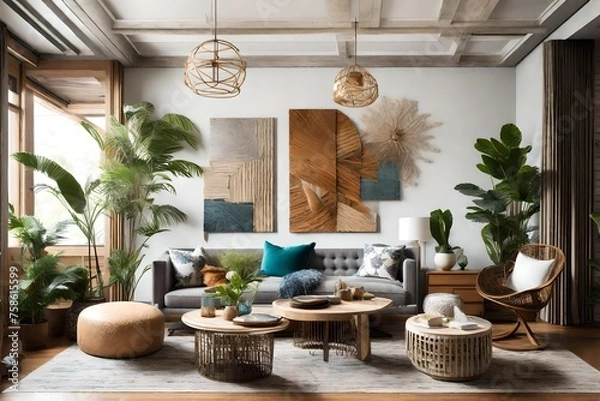 Fototapeta an inviting sitting area with a fusion of textures, vibrant decor, and thoughtfully curated elements, achieving a harmonious balance in interior design.