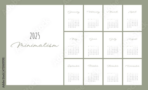 Fototapeta Calendar 2025 Trendy Minimalist Style. Set of 12 pages desk calendar. 2025 minimal calendar planner design for printing template. vector illustration	