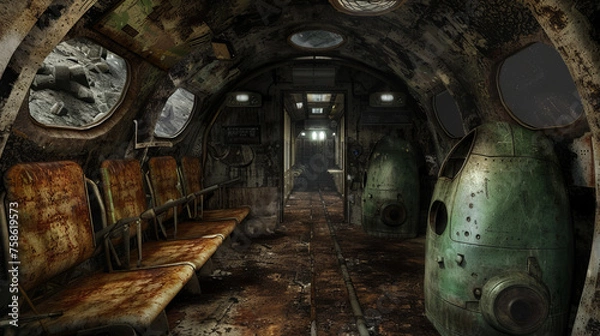Fototapeta The haunting, dilapidated interior of an abandoned spaceship, with rusty seats and space debris visible through the window.