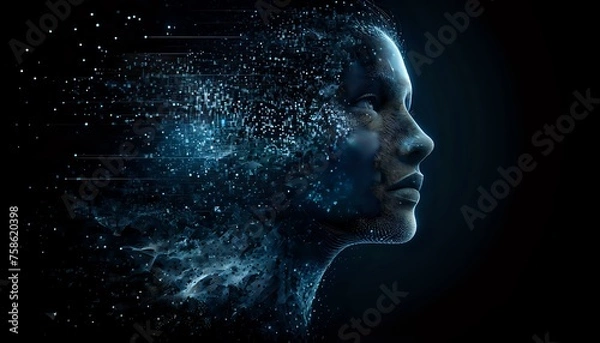 Fototapeta Human face of Artificial Intelligence dissolved into space. The New Face of AI