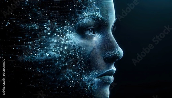 Fototapeta Human face of Artificial Intelligence dissolved into space. The New Face of AI