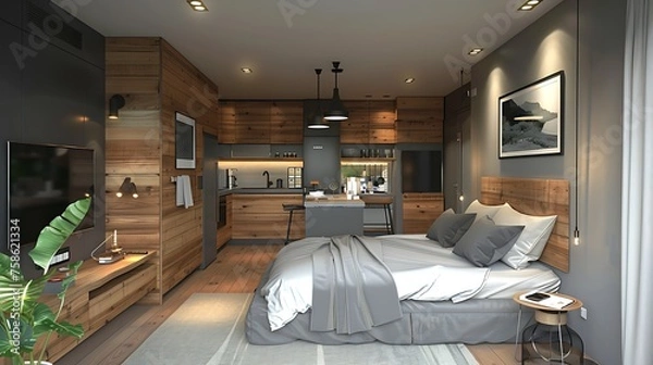 Fototapeta Modern grey and wooden interior of small studio apartment Front view of hotel flat room witn kitchen