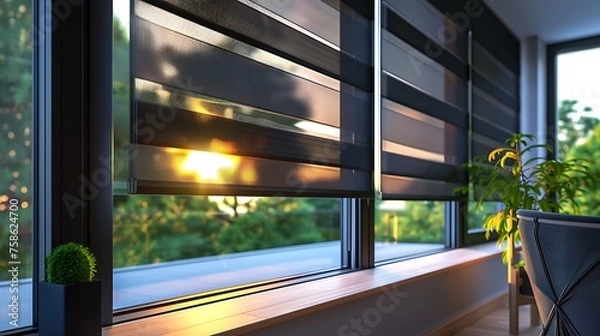 Fototapeta Window roller duo system day and night Morning sunlight shining through the window