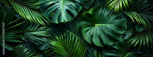 Fototapeta Tropical leaves background. Green leaf banner and floral jungle pattern concept. abstract green leaf texture.