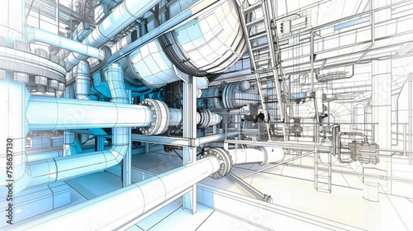 Fototapeta Detailed View of Industrial Piping and Machinery, Highlighting the Engineering and Technological Aspects of Modern Manufacturing and Energy Generation