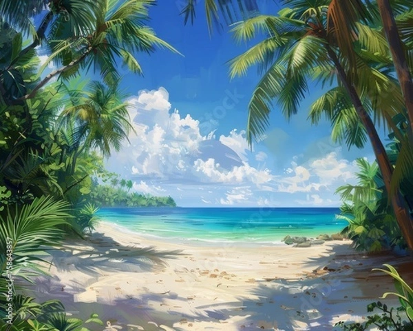 Fototapeta A vibrant digital painting of a tropical beach with clear blue waters and lush greenery.