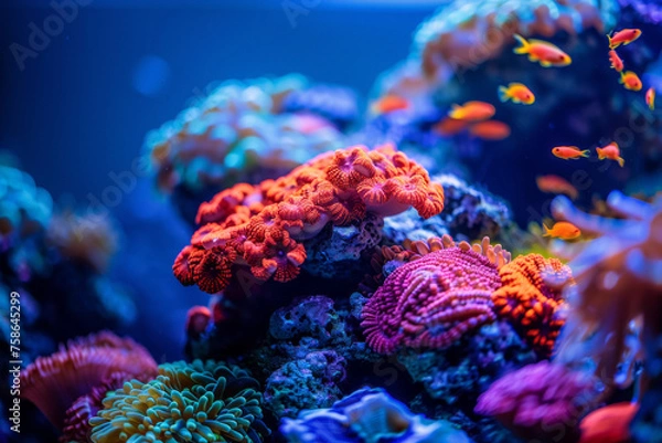 Fototapeta Vibrant Coral Ecosystem. Radiant pink coral branching out in deep blue waters.