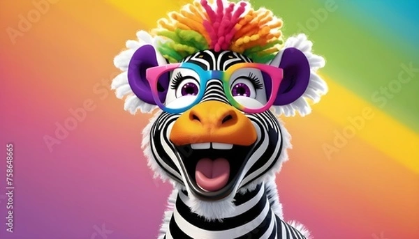 Obraz An image of laughter inducing antics with Zippy the Zebra a zany striped character with oversized glasses and a rainbow colored afro bursting with energy against a vivid plain backdrop