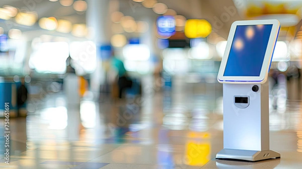 Fototapeta An electronic kiosk stands in a bright airport terminal with blurred travelers and information displays in the background