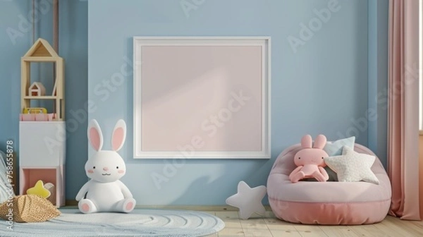 Fototapeta Blank photo frame for mockup in girl child room, 3D rendering
