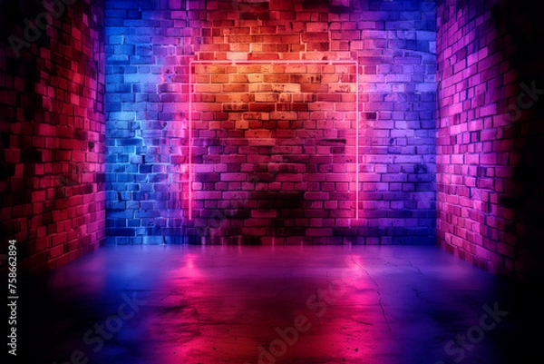 Fototapeta Background of an empty corridor with brick walls and neon light. Brick walls, neon rays and glow