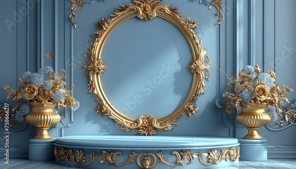 Fototapeta empty Podium and baroque gold motifs on blue background, elegant style, used for displaying products