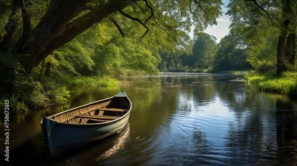 Fototapeta A meandering river with a vintage rowboat a romantic and rustic scene