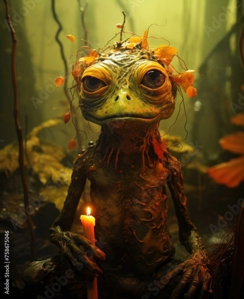 Fototapeta A frog with a candle in its mouth and leaves on its head. Generative AI.