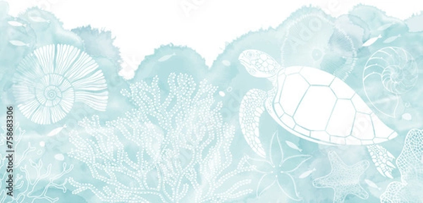 Fototapeta Art sea background vector. Luxury design with turtle, underwater plants, shells, starfish, corals, sea creatures and  watercolor splash. Template design for text, packaging and prints.