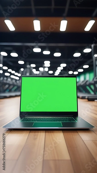 Fototapeta Mockup image of laptop with blank green screen on wooden floor in gym