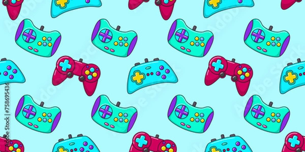 Fototapeta Vector gamer seamless pattern. Gamepad controller on blue background. Gaming joysticks icons in doodle style. Wallpaper, print, textile, fabric, wrapping. Computer game banner.