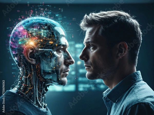 Obraz Artificial Intelligence AI concept as man and cyborg with electronic circuits head looking at each other, generative AI.