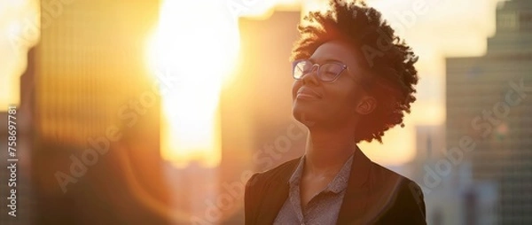 Fototapeta Empowered African American businesswoman enjoying cityscape at sunset, symbolizing urban success and career satisfaction with vibrant skyline backdrop - AI generated