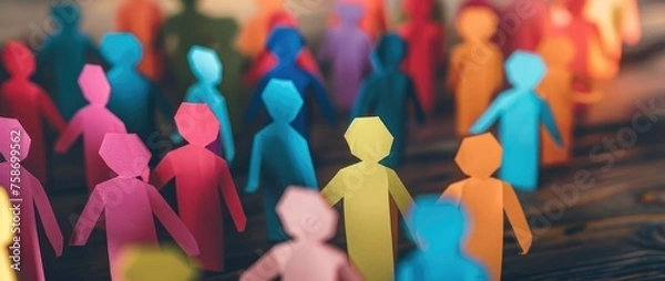 Fototapeta Conceptual image of multicolored figurines in a row symbolizing diversity and social or corporate unity - AI generated